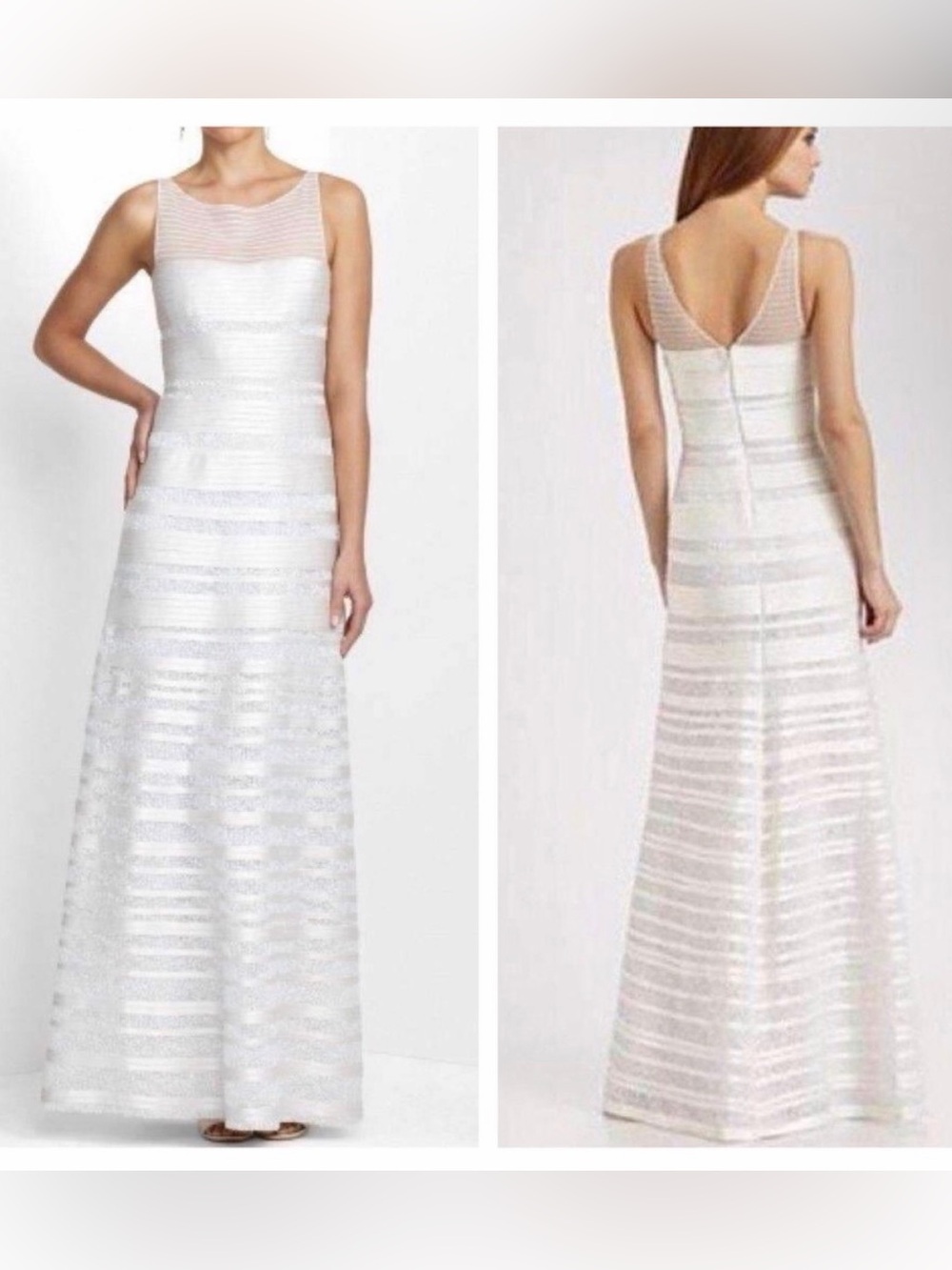 BCBGMaxAzria White Striped Mesh-Top Maxi Dress